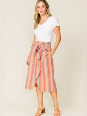 Moon River Pastel Striped Wrap Midi Skirt - Pink Multi
